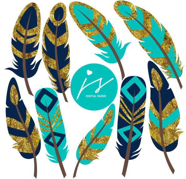 Teal & Gold Glitter Feather Digital Paper - Printable Clipart for Crafts