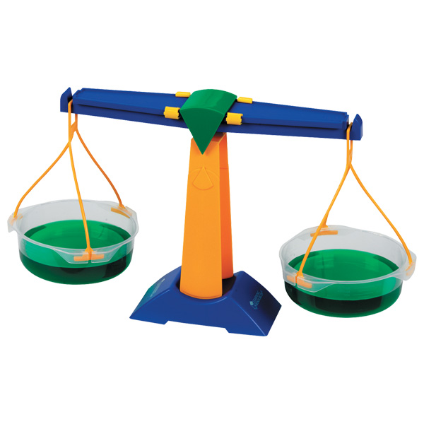 Colorful plastic balance scale with two transparent bowls filled with green liquid, demonstrating equilibrium.