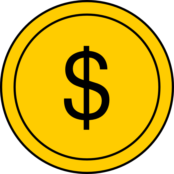 Yellow coin icon with black dollar sign symbol on transparent background