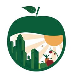 Green apple logo containing a city skyline, sun, and fresh produce, symbolizing urban agriculture and sustainability.