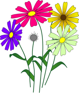 Colorful cartoon daisies in pink, purple, yellow, and green with green stems on black background.
