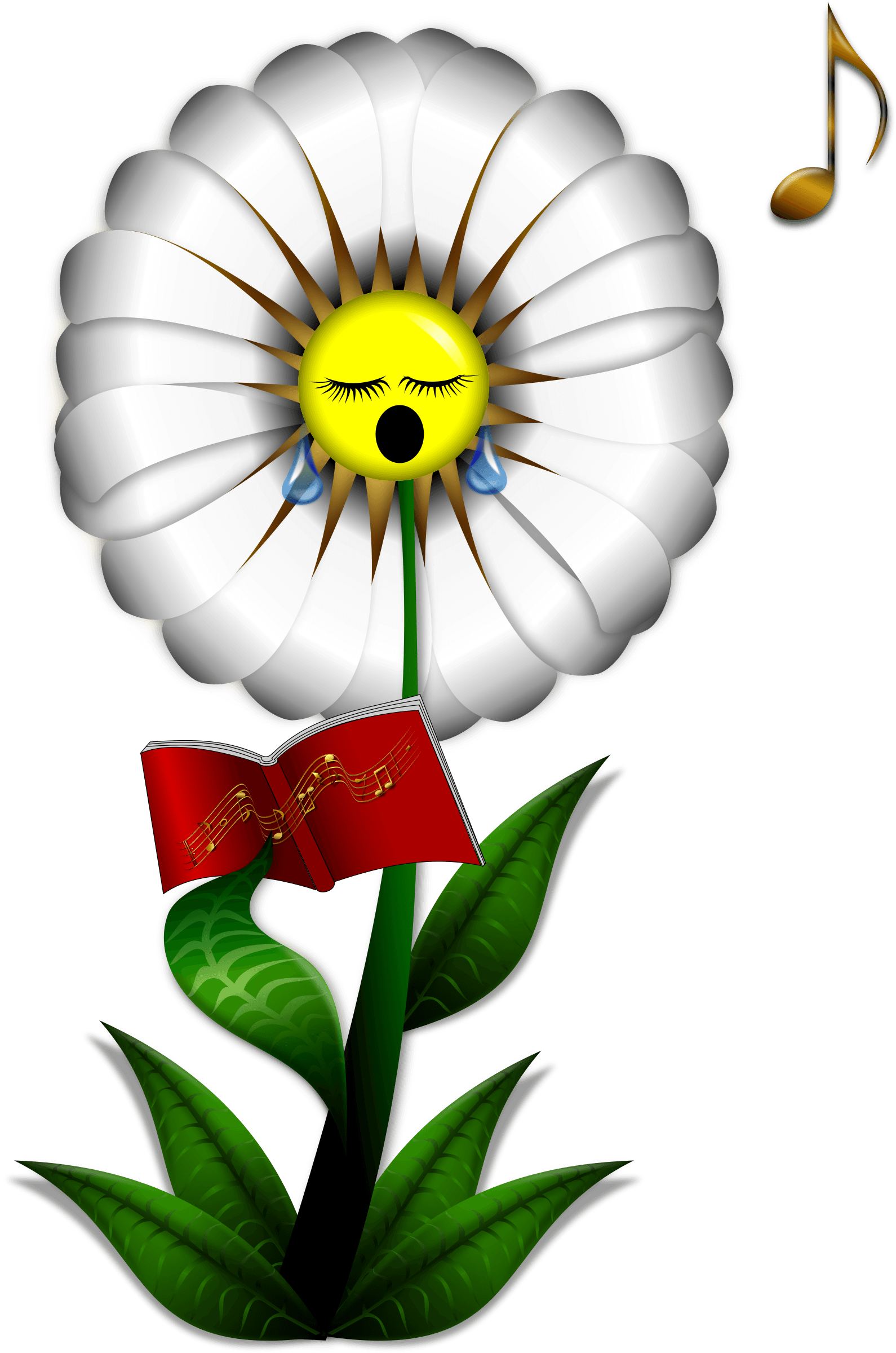 A singing daisy with a yellow face, closed eyes, tears, and a red music book on its stem, with a golden musical note floating nearby.
