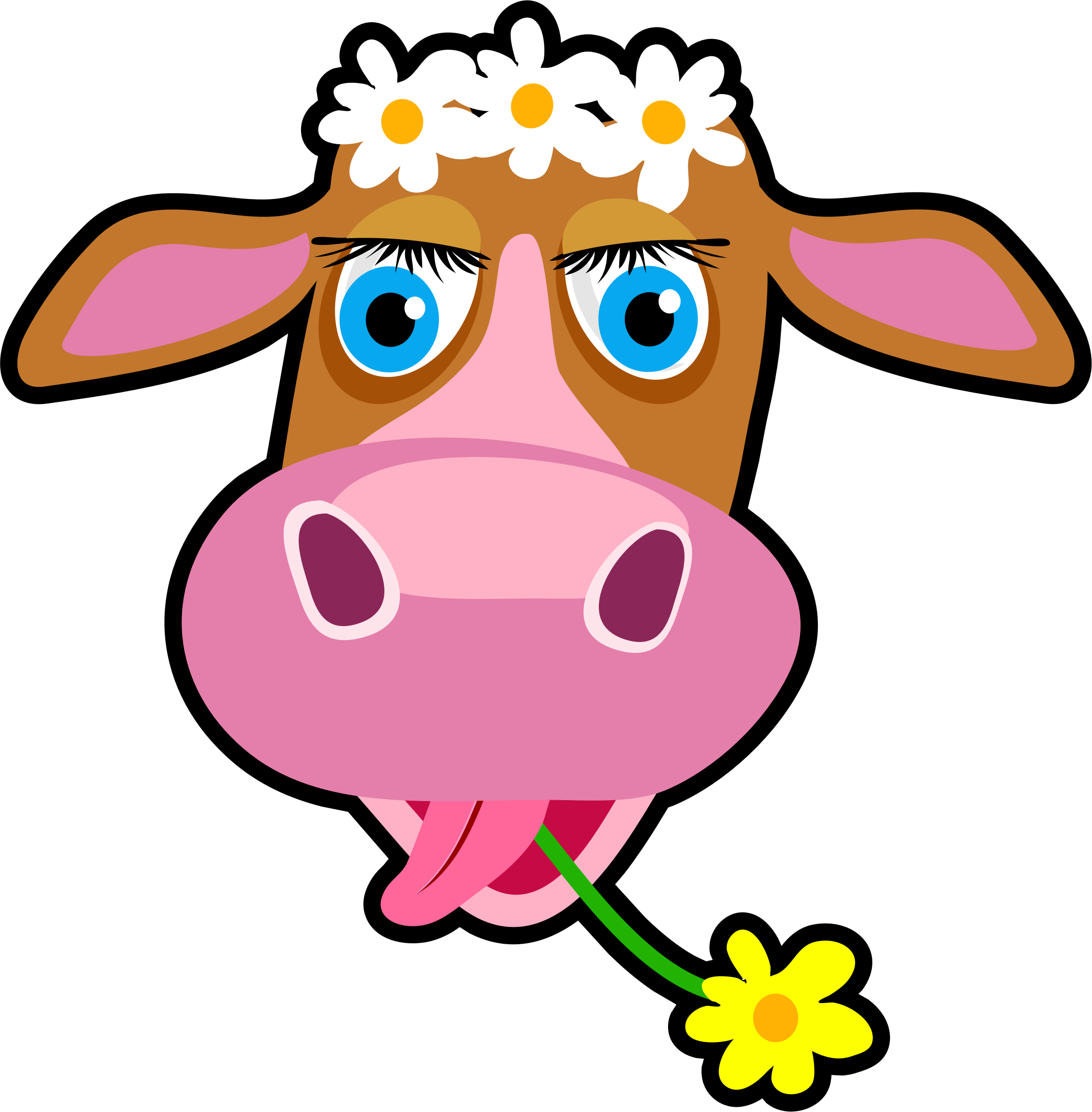 Cartoon cow with daisy crown and yellow flower in mouth, blue eyes and pink nose.