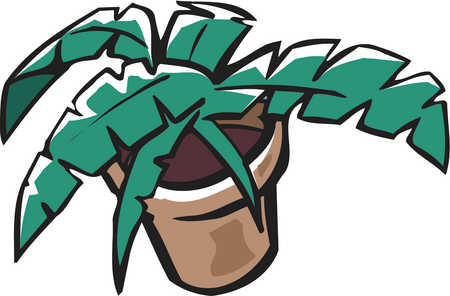 Stylized cartoon potted palm plant with vibrant green fronds and brown pot.
