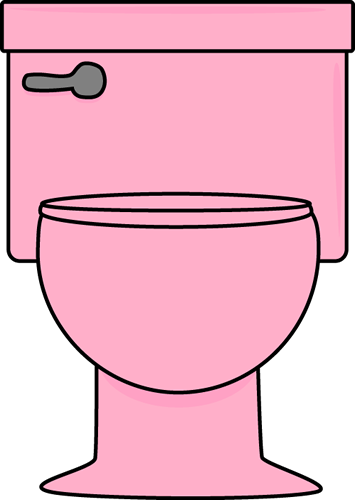 Pink cartoon-style toilet with gray flush handle on black background.