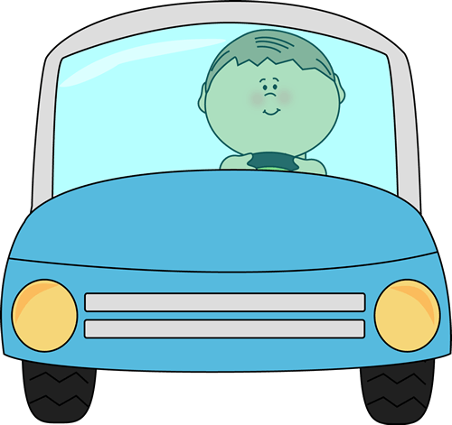 Smiling cartoon child driving a blue car with yellow headlights and a clear windshield.