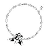 Elegant black-and-white line drawing of a circular braided frame with a rose at the bottom left and a decorative flourish at top right.