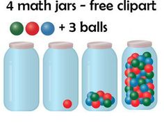 Four transparent math jars with lids, showing progression from empty to full with red, green, and blue balls; educational clipart.