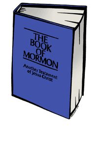 Blue illustrated cover of "The Book of Mormon: Another Testament of Jesus Christ" with white pages visible.