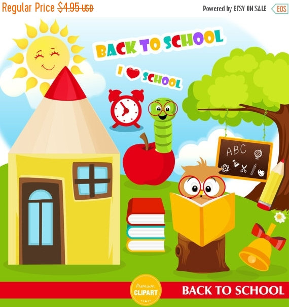 Cheerful back-to-school clipart featuring a pencil house, owl reading, apple, worm, clock, and chalkboard under a smiling sun.