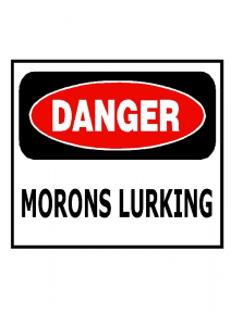 Warning sign reading "DANGER MORONS LURKING" in bold black text below a red oval "DANGER" header.