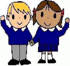 Two smiling cartoon children in blue school uniforms holding hands and waving.
