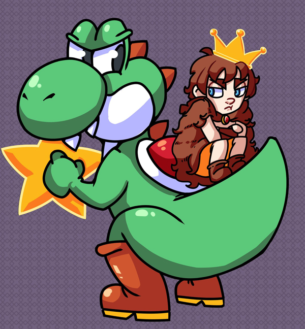Yoshi carrying Princess Daisy with a golden star, both in vibrant cartoon style against purple patterned background.