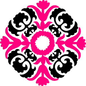 Vibrant pink ornamental cross with floral motifs and central wreath on black background.