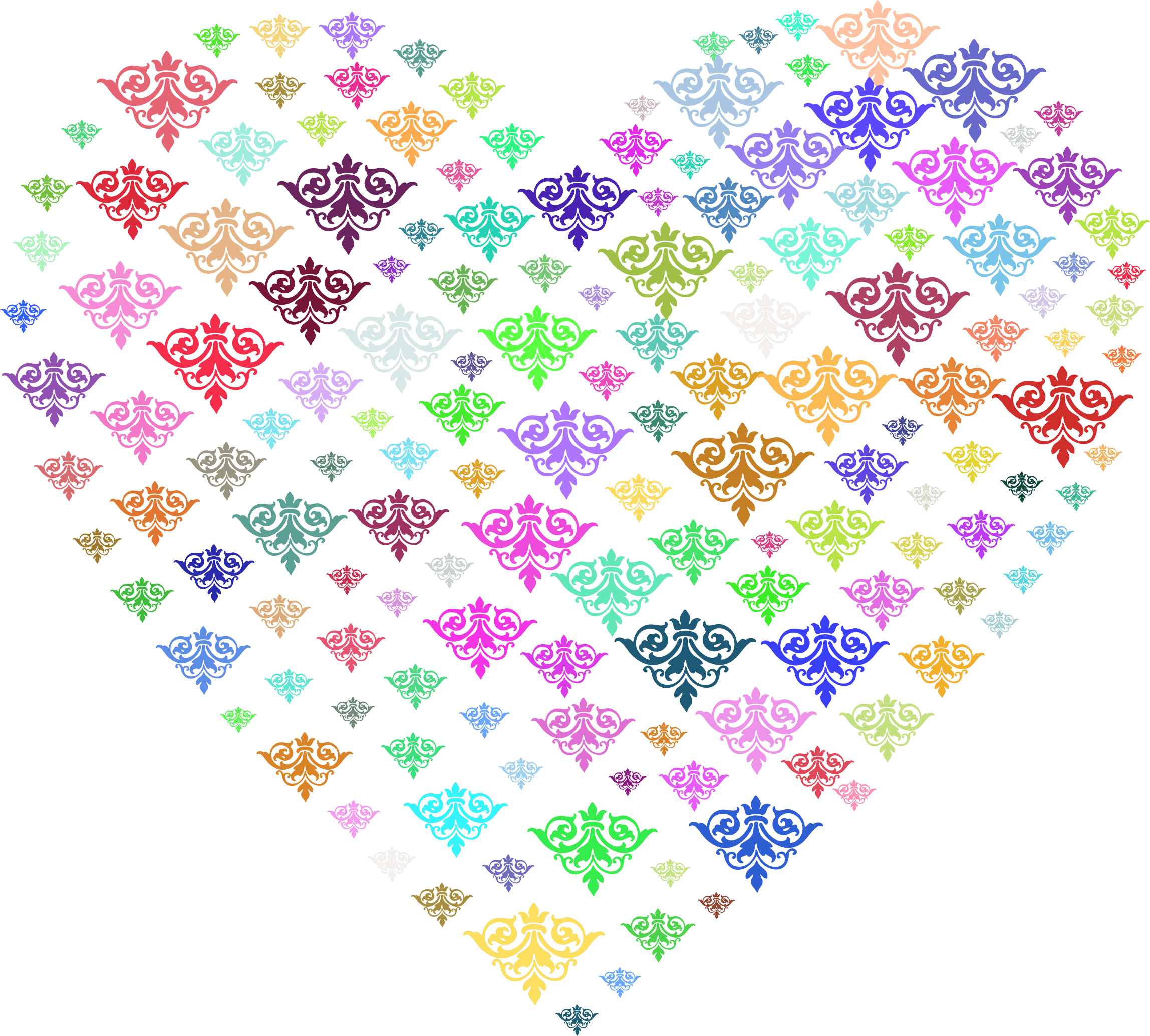 Vibrant rainbow-colored damask ornamental patterns arranged in a heart shape on black background.