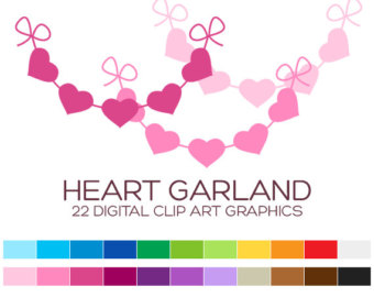 Pink and magenta heart-shaped garland with bows, digital clip art graphic set.