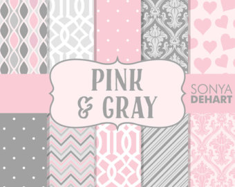 Pink and gray patterned fabric swatches with hearts, damask, polka dots, and geometric designs.