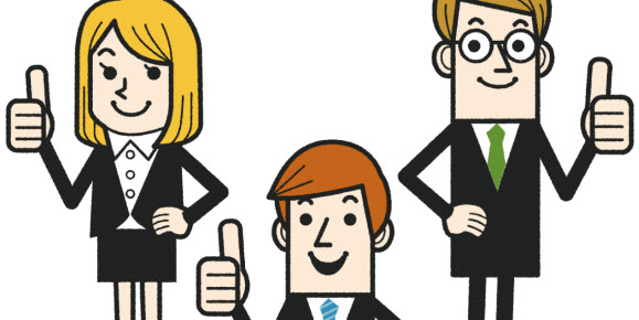 Three smiling business professionals giving thumbs-up gestures in cartoon style.
