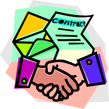 Two hands shaking over a signed contract and envelope, symbolizing agreement and business partnership.