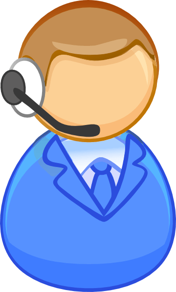 Cartoon customer support agent wearing headset and blue suit, representing help desk or call center service.