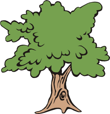 A cartoon-style green leafy tree with a brown trunk and a visible knot, set against a white background.