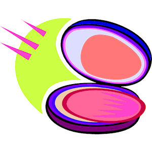 Open makeup compact with pink blush and vibrant green background, stylized illustration.
