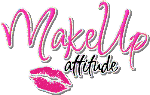 Pink cursive "MakeUp attitude" logo with lipstick kiss mark on black background