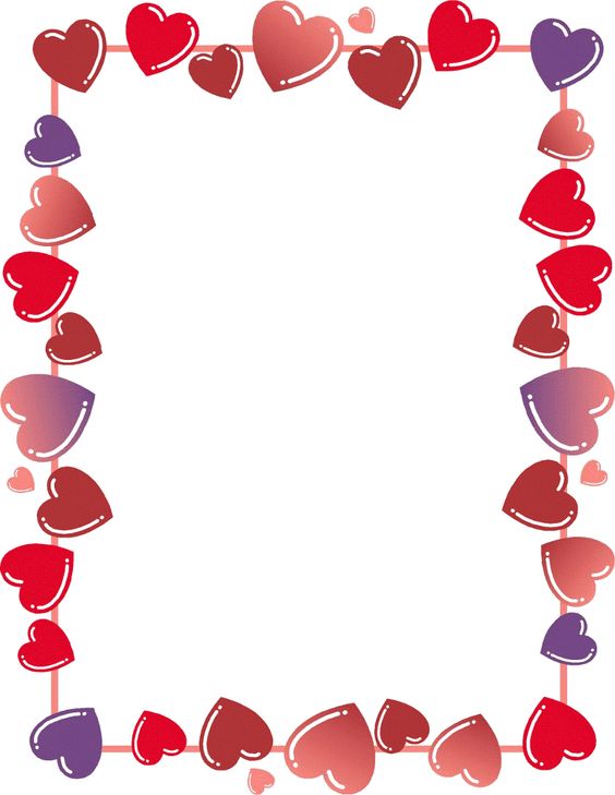 Decorative heart-shaped border in red, pink, and purple hues forming a festive frame.