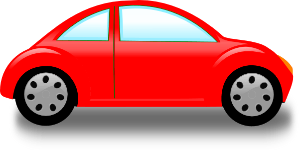 Red cartoon-style hatchback car on a gray road surface, side view with shiny finish and simple wheels.