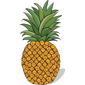 Vibrant cartoon-style pineapple with green leafy crown and textured golden-yellow skin, isolated on white background.