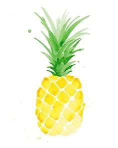 Watercolor illustration of a ripe yellow pineapple with green leafy crown on white background.