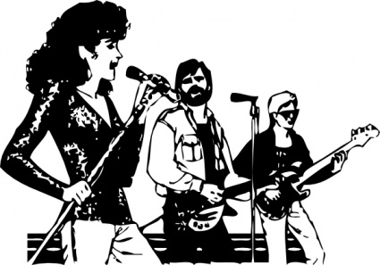 Black-and-white illustration of a three-member band performing live: a female vocalist, male guitarist, and bassist on stage.