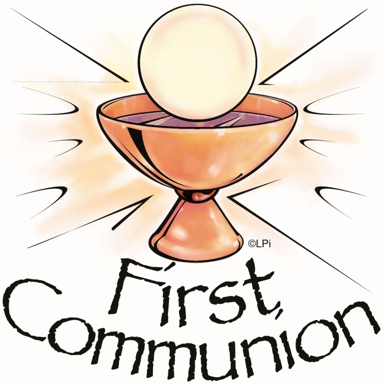 Golden chalice holding a communion wafer with radiant light, labeled "First Communion"