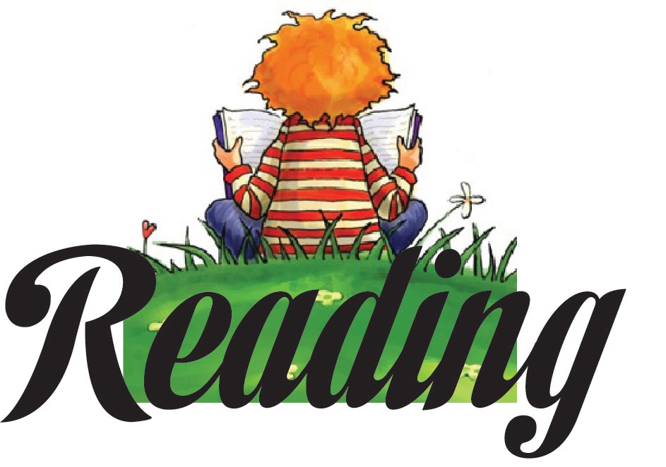 Child with wild orange hair sits cross-legged on grass, reading two books, with "Reading" in elegant script below.