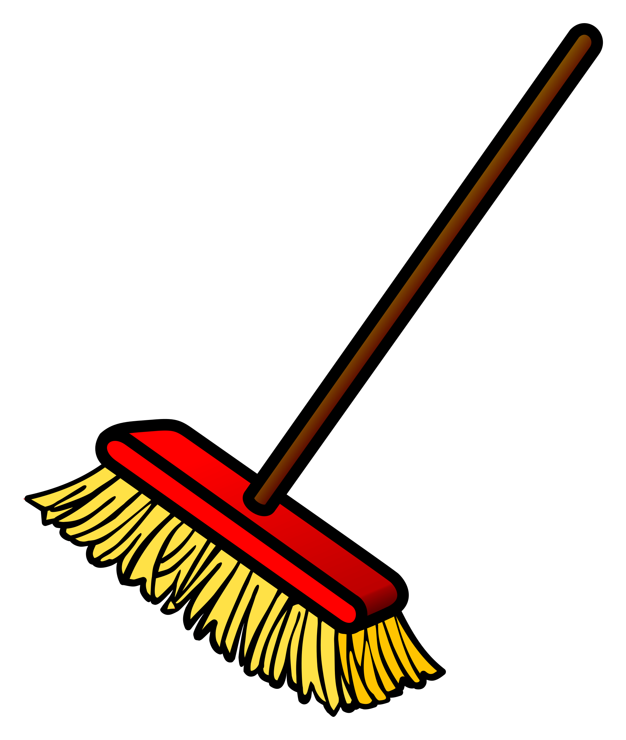 Red-handled broom with yellow bristles on black background, cartoon-style illustration.