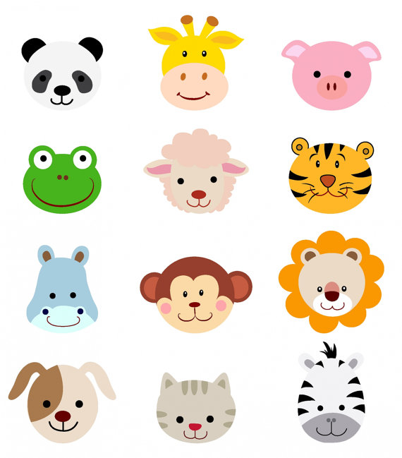 Cute cartoon animal faces including panda, giraffe, pig, frog, sheep, tiger, hippo, monkey, lion, dog, cat, and zebra on white background.