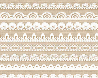 White lace border patterns on beige burlap background, featuring floral and scalloped designs for decorative use.