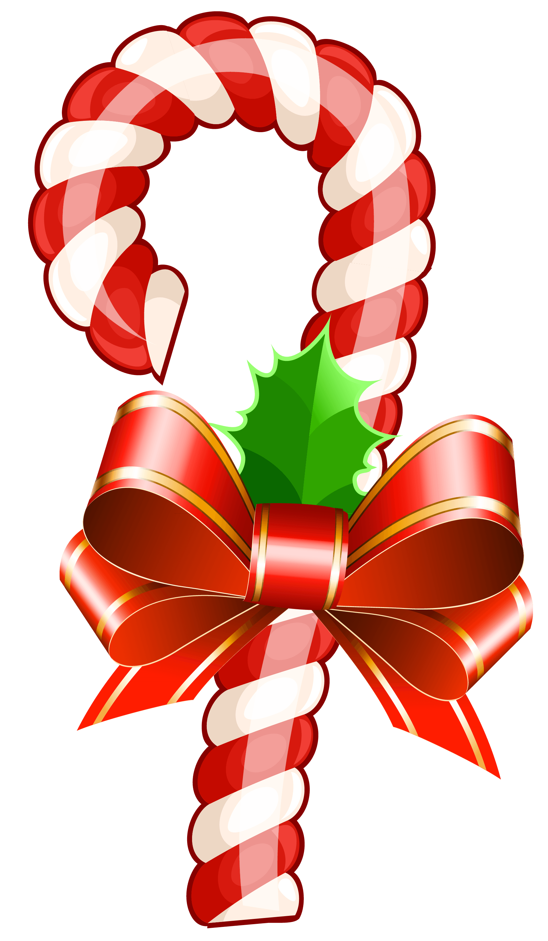 Festive red-and-white candy cane with green holly leaf and glossy red ribbon bow.