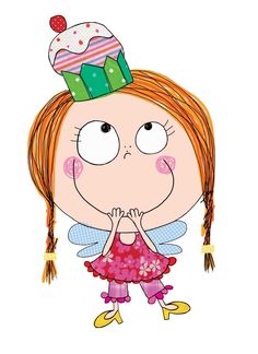 Cheerful cartoon fairy girl with cupcake hat, braided hair, and wings, smiling with hands clasped.