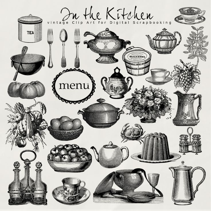 Vintage kitchen clip art collection featuring teapots, vegetables, utensils, and menu frame in black-and-white engraving style.