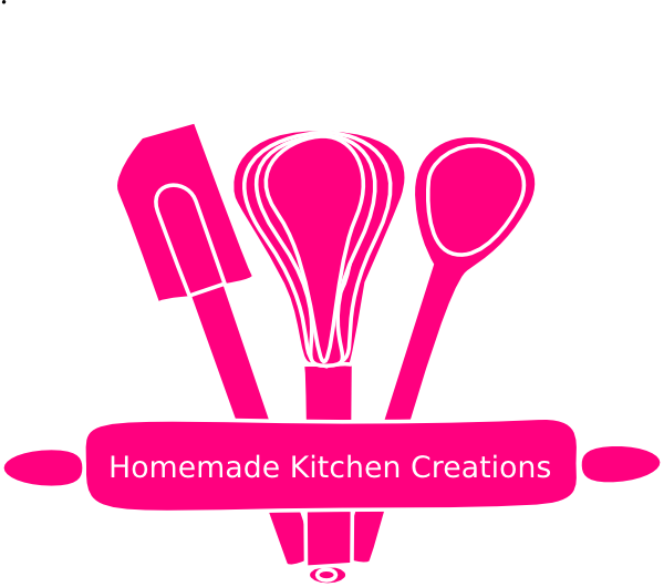 Pink kitchen utensil logo with spatula, whisk, and spoon over a rolling pin banner reading "Homemade Kitchen Creations"