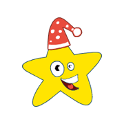 Cheerful yellow star cartoon wearing a red polka-dot Santa hat, smiling with big eyes and open mouth.