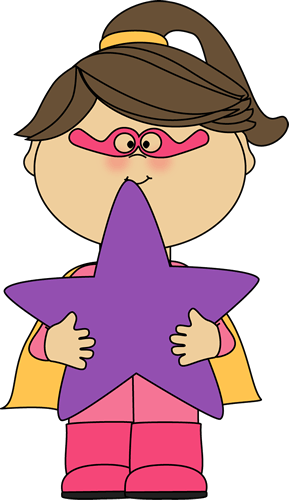 A cartoon girl superhero with pink glasses, yellow cape, and purple star emblem.