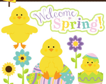 Cheerful yellow chicks, colorful spring flowers, and patterned Easter eggs with "Welcome Spring!" text.