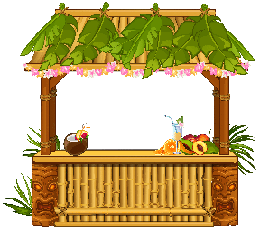 Tropical tiki bar with thatched roof, carved wooden posts, and colorful cocktails on a bamboo counter.