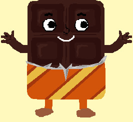 A cheerful pixel-art chocolate bar character with arms raised, wearing an orange-striped wrapper and smiling.