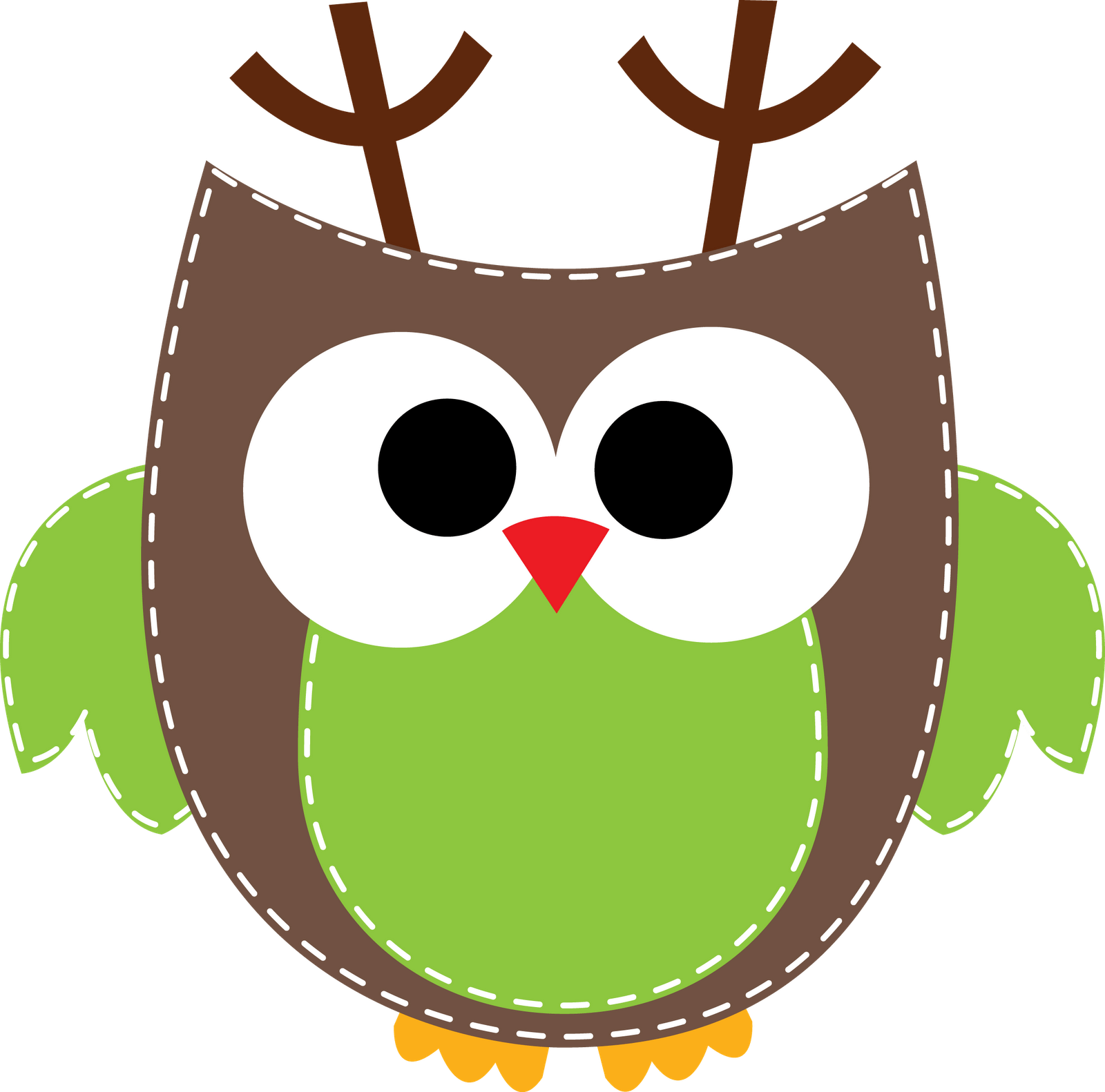 Cute green and brown cartoon owl with antlers, stitched edges, and large eyes on black background.