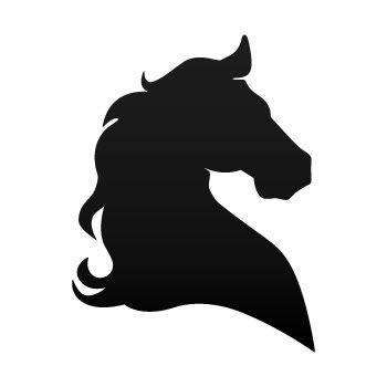 Black silhouette of a horse’s head in profile against a white background.