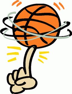 Cartoon basketball spinning on a finger with motion lines and spark effects.