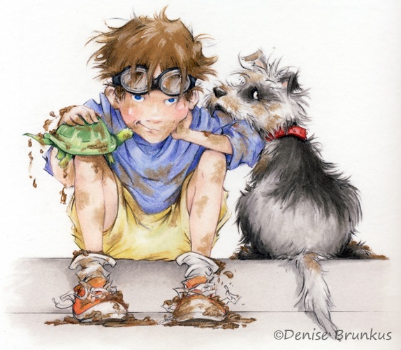 Boy and Dog with Turtle - Playful Muddy Adventure Illustration